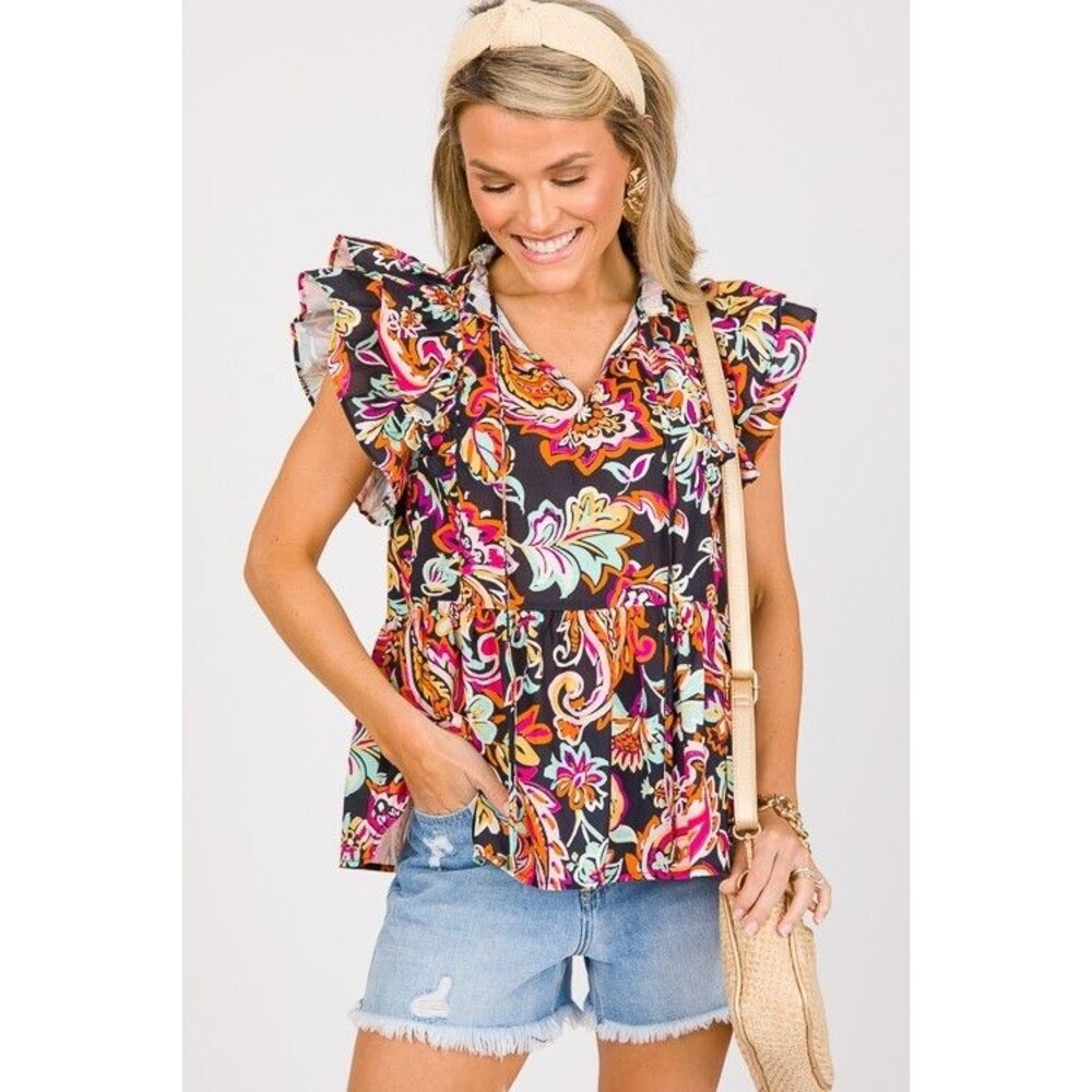 Entro Medium top blouse peplum paisley ruffle drawstring v-neck